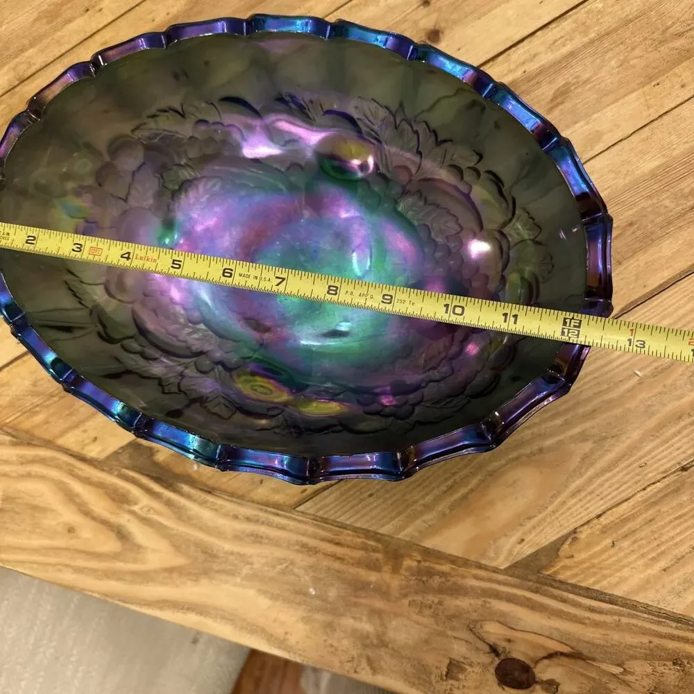 VTG Carnival Glass Blue Iridescent Purple Console Centerpiece Bowl Harvest Grape